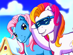 Size: 640x480 | Tagged: safe, derpibooru import, screencap, piccolo, sunny daze (g3), earth pony, pony, a very minty christmas, g3, duo, female, lip bite, mare, sunglasses