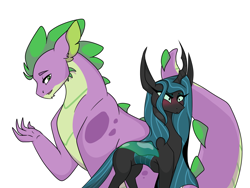 Size: 3365x2535 | Tagged: safe, artist:nightlight2005, derpibooru import, queen chrysalis, spike, changeling, changeling queen, adult, adult spike, blushing, chryspike, crack shipping, female, flirting, high res, male, older, older spike, shipping, simple background, straight, white background