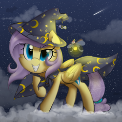 Size: 2300x2300 | Tagged: safe, artist:meotashie, derpibooru import, oc, oc only, oc:stardust, pegasus, pony, cape, clothes, costume, female, grin, hat, pegasus oc, shooting star, smiling, solo, witch hat