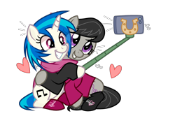 Size: 3158x2222 | Tagged: safe, artist:cheekycheesefan101, artist:idkhesoff, derpibooru import, dj pon-3, octavia melody, vinyl scratch, earth pony, pony, unicorn, base used, clothes, cute, duo, female, grin, heart, hug, iphone, lesbian, mare, scarf, scratchtavia, selfie, selfie stick, shared clothing, shared scarf, shipping, simple background, sitting, smiling, socks, sweater, tavibetes, transparent background, vinylbetes