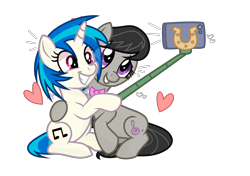 Size: 3158x2222 | Tagged: safe, alternate version, artist:cheekycheesefan101, artist:idkhesoff, derpibooru import, dj pon-3, octavia melody, vinyl scratch, earth pony, pony, unicorn, base used, cute, duo, female, grin, heart, hug, iphone, lesbian, mare, scratchtavia, selfie, selfie stick, shipping, simple background, sitting, smiling, tavibetes, transparent background, vinylbetes