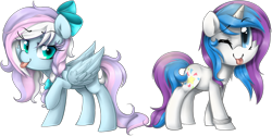 Size: 2154x1076 | Tagged: safe, artist:meotashie, derpibooru import, oc, oc only, pegasus, pony, unicorn, duo, female, horn, one eye closed, pegasus oc, simple background, tongue, tongue out, transparent background, unicorn oc, wink