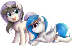 Size: 2000x1250 | Tagged: safe, artist:meotashie, derpibooru import, oc, oc only, pegasus, pony, unicorn, duo, female, horn, pegasus oc, simple background, transparent background, unicorn oc