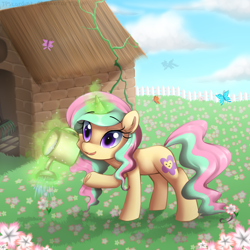 Size: 2000x2000 | Tagged: safe, artist:meotashie, derpibooru import, oc, oc only, pony, unicorn, female, flower, glowing, glowing horn, horn, solo, unicorn oc, watering can