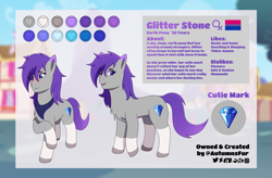 Size: 2691x1769 | Tagged: safe, artist:autumnsfur, derpibooru import, oc, oc only, oc:glitter stone, earth pony, pony, g4, background, bisexual, bisexual pride flag, blue eyes, blurry background, blushing, chest fluff, clothes, cutie mark, diamond, earth pony oc, female, gray coat, grey fur, hair over one eye, hooves, logo, long tail, looking away, mare, ponyville, pride, pride flag, purple hair, reference sheet, scarf, shy, signature, smiling, smirk, solo, tail, text