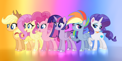 Size: 5000x2521 | Tagged: safe, artist:thomasray000, derpibooru import, applejack, fluttershy, pinkie pie, rainbow dash, rarity, twilight sparkle, twilight sparkle (alicorn), alicorn, earth pony, pegasus, pony, unicorn, g4, my little pony: pony life, applejack's hat, clothes, cowboy hat, female, g4.5 to g4, generation leap, gradient background, hat, mane six, redesign, unshorn fetlocks