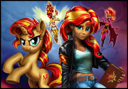 Size: 1556x1080 | Tagged: safe, alternate version, artist:harwick, derpibooru import, sunset satan, sunset shimmer, pony, equestria girls, 2017, angry, belly button, belt, clothes, daydream shimmer, face paint, female, floating, jacket, journal, leather, leather jacket, looking at you, midriff, old art, open mouth, pants, self paradox, self ponidox, solo, sunset's conscience