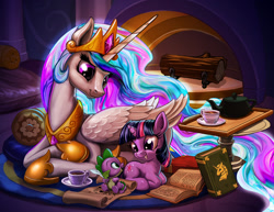 Size: 1400x1082 | Tagged: safe, artist:harwick, derpibooru import, princess celestia, spike, twilight sparkle, unicorn twilight, alicorn, dragon, pony, unicorn, baby, baby dragon, book, castle, color porn, crown, cup, cute, cutelestia, feather, female, filly, filly twilight sparkle, fireplace, foal, food, jewelry, log, looking at each other, looking at someone, male, mare, momlestia, open book, open mouth, quill, regalia, scroll, smiling, spikabetes, tea, teacup, teapot, twiabetes, wood, younger