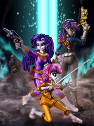 Size: 2238x3000 | Tagged: safe, artist:harwick, derpibooru import, maud pie, rarity, sweetie belle, equestria girls, 2020, action pose, chouriki sentai ohranger, commission, crossover, graphite ranger, gun, high res, old art, power rangers, power rangers dino charge, power rangers zeo, purple ranger, super sentai, sword, weapon, yellow ranger, zyuden sentai kyoryuger