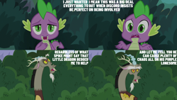 Size: 4400x2475 | Tagged: safe, derpibooru import, edit, edited screencap, editor:quoterific, screencap, discord, spike, draconequus, dragon, season 9, the big mac question, male