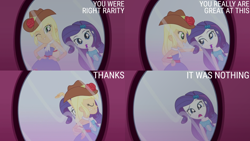 Size: 4400x2475 | Tagged: safe, derpibooru import, edit, edited screencap, editor:quoterific, screencap, applejack, rarity, eqg summertime shorts, equestria girls, make up shake up, bare shoulders, cowboy hat, duo, duo female, eyes closed, fall formal outfits, female, hand on hip, hat, mirror, one eye closed, open mouth, open smile, sleeveless, smiling, strapless, wink