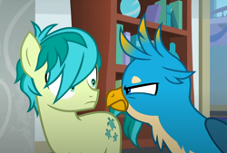 Size: 1040x701 | Tagged: safe, derpibooru import, screencap, gallus, sandbar, earth pony, griffon, pony, school daze, season 8, spoiler:s08, angry, cropped, duo, hair over one eye, looking at each other, looking at someone, male