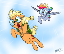 Size: 1400x1200 | Tagged: safe, artist:mellodillo, derpibooru import, applejack, rainbow dash, commission, falling, goggles, grin, parachute, screaming, sky, skydiving, smiling