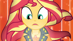 Size: 3410x1920 | Tagged: safe, derpibooru import, screencap, sunset shimmer, better together, equestria girls, forgotten friendship, clothes, cutie mark on clothes, female, geode of empathy, high res, jewelry, leather, leather vest, magical geodes, necklace, open mouth, solo, transformation, vest