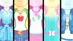 Size: 3410x1920 | Tagged: safe, derpibooru import, screencap, applejack, fluttershy, pinkie pie, rainbow dash, rarity, better together, equestria girls, forgotten friendship, belt, clothes, cutie mark on clothes, denim, denim skirt, female, geode of fauna, geode of shielding, geode of sugar bombs, geode of super speed, geode of super strength, high res, hoodie, jewelry, magical geodes, necklace, png, rarity peplum dress, skirt, smiling, tanktop, transformation