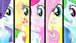 Size: 3410x1920 | Tagged: safe, derpibooru import, screencap, applejack, fluttershy, pinkie pie, rainbow dash, rarity, better together, equestria girls, forgotten friendship, alternative cutie mark placement, clothes, cutie mark on clothes, female, geode of shielding, geode of sugar bombs, geode of super speed, geode of super strength, high res, hoodie, jewelry, magical geodes, necklace, png, rarity peplum dress, smiling, tanktop, transformation