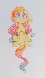 Size: 1233x2160 | Tagged: safe, artist:amishy, derpibooru import, oc, oc only, oc:sheron, pony, unicorn, :c, colored pencil drawing, ears, female, floppy ears, frown, gradient mane, looking up, mare, sitting, solo, traditional art