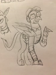 Size: 3024x4032 | Tagged: safe, artist:derpanater, derpibooru import, oc, oc only, oc:chucklenuts, griffon, fallout equestria, clothes, glasses, smiling, traditional art, watch