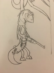 Size: 3024x4032 | Tagged: safe, artist:derpanater, derpibooru import, fallout equestria, bandolier, clothes, gun, klugetown, klugetowner, mutant, reptile, rifle, solo, third eye, traditional art, weapon