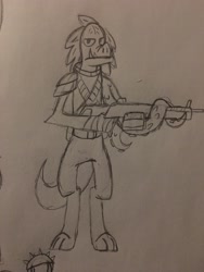 Size: 3024x4032 | Tagged: safe, artist:derpanater, derpibooru import, fallout equestria, bandolier, clothes, gun, klugetown, klugetowner, mutant, reptile, rifle, solo, tentacles, traditional art, weapon