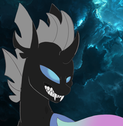 Size: 2300x2364 | Tagged: safe, artist:princess amity, derpibooru exclusive, derpibooru import, oc, oc only, oc:identity crisis, changeling, bust, changeling oc, cloud, cloudy, fangs, grin, night, night sky, sharp teeth, sky, smiling, solo, teeth