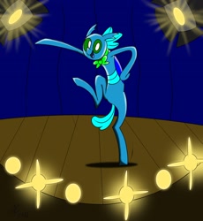 Size: 1600x1737 | Tagged: safe, artist:derpanater, derpibooru import, oc, oc only, oc:bowtie, changedling, changeling, bowtie, dancing, lights, stage