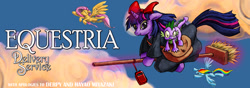 Size: 1000x350 | Tagged: safe, alternate version, artist:harwick, derpibooru import, fluttershy, rainbow dash, spike, twilight sparkle, dragon, pegasus, pony, unicorn, 2011, bow, broom, crossover, dragons riding ponies, equestria daily, female, flying, flying broomstick, hair bow, kiki's delivery service, male, mare, old art, riding, spike riding twilight, studio ghibli