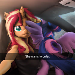 Size: 5400x5400 | Tagged: safe, artist:imafutureguitarhero, derpibooru import, sci-twi, sunset shimmer, twilight sparkle, twilight sparkle (alicorn), alicorn, anthro, pony, unicorn, 3d, :i, absurd resolution, anthro with ponies, arm fluff, arm freckles, butt, butt fluff, butt freckles, car, car interior, cheek fluff, chromatic aberration, clothes, colored eyebrows, colored eyelashes, duo, ear fluff, ear freckles, ears, female, film grain, floppy ears, fluffy, fluffy hair, fluffy mane, fluffy tail, freckles, fur, he wants to order, horn, leg fluff, lesbian, looking at you, mare, meme, multicolored hair, multicolored mane, multicolored tail, nose wrinkle, one ear down, paintover, peppered bacon, ponified, ponified meme, revamped anthros, revamped ponies, scitwilicorn, scitwishimmer, selfie, shipping, shoulder fluff, shoulder freckles, signature, source filmmaker, square, sunset shimmer is not amused, sunsetsparkle, tail, tanktop, text, unamused, wall of tags, wing fluff, wings