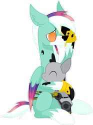 Size: 2115x2836 | Tagged: safe, artist:emc-blingds, derpibooru import, oc, oc only, robot, hug, male, simple background, smiling, stallion, transparent background