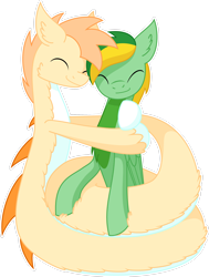 Size: 2128x2818 | Tagged: safe, artist:emc-blingds, derpibooru import, oc, oc only, lamia, original species, pegasus, pony, coils, duo, ear fluff, ears, eyes closed, hug, pegasus oc, simple background, smiling, transparent background, wings