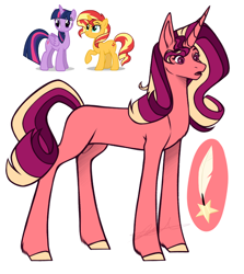 Size: 738x827 | Tagged: safe, artist:purplegrim40, derpibooru import, sunset shimmer, twilight sparkle, twilight sparkle (alicorn), oc, alicorn, pony, unicorn, colored hooves, female, horn, magical lesbian spawn, mare, offspring, parent:sunset shimmer, parent:twilight sparkle, parents:sunsetsparkle, raised hoof, raised leg, simple background, unicorn oc, white background