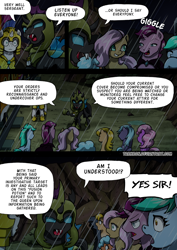 Size: 2408x3400 | Tagged: safe, artist:tarkron, derpibooru import, oc, changeling, earth pony, hybrid, pegasus, pony, undead, unicorn, comic:fusing the fusions, comic:time of the fusions, armor, butt, carapace, changeling oc, clothes, comic, commissioner:bigonionbean, dialogue, female, filly, foal, friendship express, guard, hat, high res, horn, lightning, locomotive, magic, male, mare, open mouth, plot, rain, royal guard, royal guard armor, soldier, soldier pony, stallion, steam engine, steam locomotive, storm, tail, train, wings, writer:bigonionbean