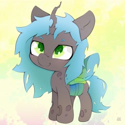 Size: 4096x4096 | Tagged: safe, artist:zokkili, derpibooru import, queen chrysalis, changeling, changeling queen, abstract background, cute, cutealis, female, filly, filly queen chrysalis, foal, solo, starry eyes, wingding eyes, wings, younger