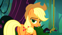 Size: 1920x1080 | Tagged: safe, derpibooru import, screencap, applejack, earth pony, pony, season 3, spike at your service, 1080p, applebutt, applejack's hat, bedroom eyes, butt, clothes, cowboy hat, female, hat, looking at you, mare, out of context, plot, rope, seductive look, smiling, smiling at you, solo, stupid sexy applejack