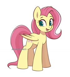 Size: 1357x1502 | Tagged: safe, artist:handgunboi, derpibooru import, fluttershy, pegasus, pony, aside glance, cute, female, looking at you, mare, open mouth, open smile, shyabetes, simple background, smiling, solo, standing, three quarter view, white background, wings