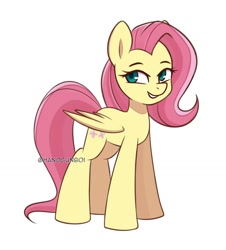 Size: 1357x1502 | Tagged: safe, alternate version, artist:handgunboi, derpibooru import, fluttershy, pegasus, pony, aside glance, female, lidded eyes, looking at you, mare, simple background, smiling, solo, standing, three quarter view, white background, wings