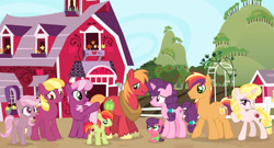 Size: 1024x553 | Tagged: safe, artist:lillyleaf101, derpibooru import, big macintosh, cheerilee, sugar belle, oc, oc:ambrosia apple, oc:apple blossom, oc:apple butter, oc:fragant apple, oc:honeycrisp apple, oc:sour apple, pony, baby, baby pony, colt, female, foal, herd, male, mare, offspring, parent:big macintosh, parent:cheerilee, parent:sugar belle, parents:cheerimac, parents:sugarmac, polyamory, stallion, teenager