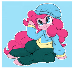 Size: 1280x1204 | Tagged: safe, artist:dendollae, derpibooru import, pinkie pie, earth pony, pony, beanie, clothes, female, hat, looking up, mare, pants, sitting, smiling, solo, sweater