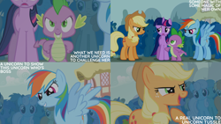 Size: 4400x2475 | Tagged: safe, derpibooru import, edit, edited screencap, editor:quoterific, screencap, applejack, rainbow dash, spike, twilight sparkle, unicorn twilight, dragon, earth pony, pony, unicorn, boast busters, season 1