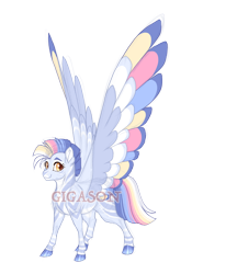 Size: 3200x3700 | Tagged: safe, artist:gigason, derpibooru import, oc, oc only, oc:strelitzia, hybrid, zony, colored wings, female, filly, foal, magical lesbian spawn, multicolored wings, obtrusive watermark, offspring, parent:rainbow dash, parent:zecora, simple background, solo, transparent background, watermark, wings, zebrasus