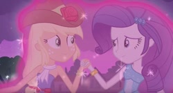 Size: 748x403 | Tagged: safe, derpibooru import, screencap, applejack, rarity, equestria girls, equestria girls (movie), bare shoulders, duo, duo female, fall formal outfits, female, looking at each other, looking at someone, sleeveless