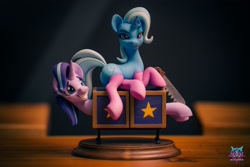 Size: 3000x2000 | Tagged: safe, artist:shuxer59, derpibooru import, starlight glimmer, trixie, pony, unicorn, box, box sawing trick, butt, clothes, craft, female, figurine, grin, magic trick, mare, nervous, photo, plot, saw, sculpture, smiling, socks, stockings, thigh highs