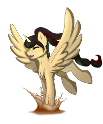 Size: 1534x1835 | Tagged: safe, artist:noxi1_48, derpibooru import, oc, oc only, oc:eternal light, alicorn, pony, alicorn oc, eyes closed, horn, jumping, male, open mouth, ponytail, puddle, signature, simple background, solo, spread wings, stallion, tail, transparent background, two toned mane, two toned tail, wings