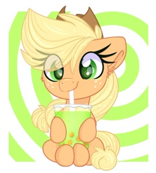 Size: 822x909 | Tagged: safe, artist:lbrcloud, derpibooru import, applejack, pegasus, pony, abstract background, bubble tea, cute, drink, drinking, jackabetes, solo