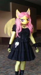 Size: 800x1440 | Tagged: safe, artist:bramble bunny, derpibooru import, fluttershy, anthro, bat pony, bat ponified, bronycon, bronycon 2018, clothes, cosplay, costume, fishnet stockings, flutterbat, irl, photo, race swap, solo