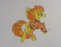 Size: 2563x1998 | Tagged: safe, artist:eclipse flower, derpibooru import, spitfire, pegasus, pony, clothes, flying, lidded eyes, simple background, smiling, solo, traditional art, white background