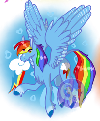 Size: 411x497 | Tagged: safe, artist:luna_mcboss, derpibooru import, rainbow dash, pegasus, pony, blue background, blue coat, chest fluff, coat markings, cutie mark, facial markings, feathered fetlocks, feathered wings, female, floating, flying, hooves, long legs, long tail, magenta eyes, multicolored hair, rainbow hair, raised hoof, raised leg, simple background, socks (coat marking), solo, spread wings, star (coat marking), tail, watermark, wings