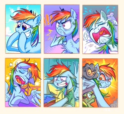 Size: 2048x1878 | Tagged: safe, artist:千雲九枭, derpibooru import, idw, rainbow dash, tank, pegasus, pony, tortoise, read it and weep, tanks for the memories, spoiler:comic41, angry, chest fluff, colored, covering mouth, crying, digital art, dreary, drool, faic, goggles, grin, rainbow dash is best facemaker, sadbow dash, sleeping, smiling, snoring