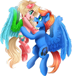 Size: 1800x1900 | Tagged: safe, artist:meotashie, derpibooru import, oc, oc only, pegasus, pony, cute, duo, female, happy, male, oc x oc, open mouth, pegasus oc, shipping, simple background, straight, transparent background