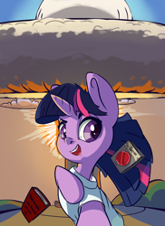 Size: 1437x1971 | Tagged: safe, artist:i love hurt, derpibooru import, twilight sparkle, pony, unicorn, g4, book, explosion, female, looking at you, mare, nuclear explosion, red button, selfie